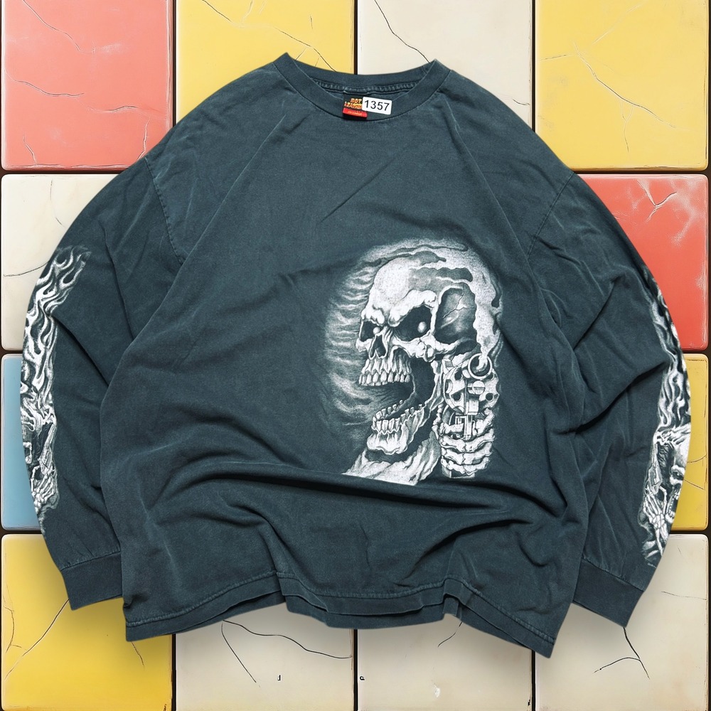 Vintage Hot Leathers Flaming Skull Longsleeve T-Shirt 2XL Y2K Men Black Biker